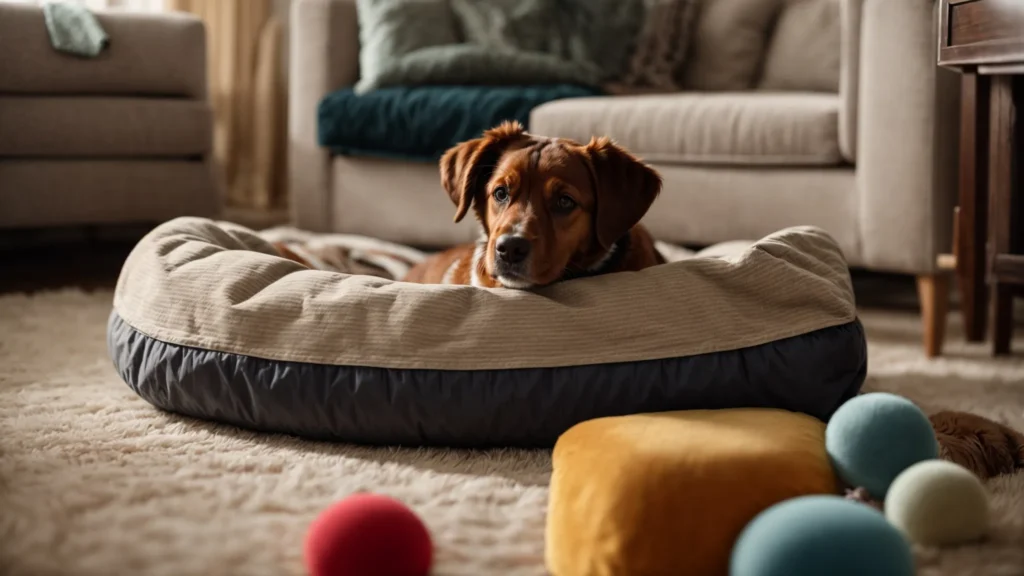 a cozy living room with a dog bed, toys scattered around, and a closed door to prevent the puppy from wandering.