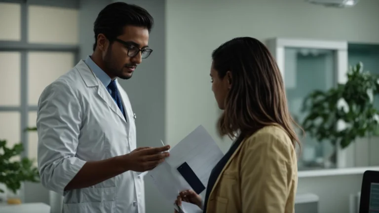 a doctor is discussing a chart with a patient in a medical office.