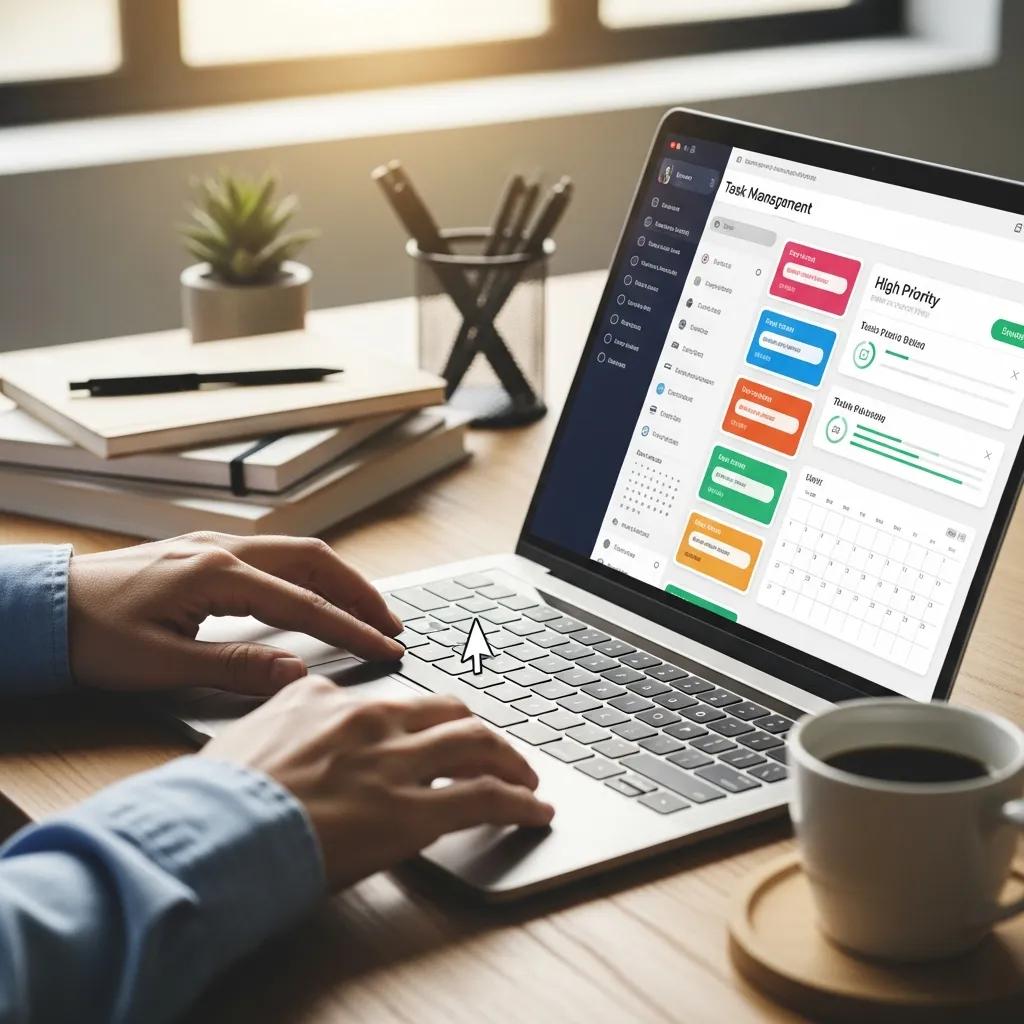 Person using a task management tool on a laptop in a productive workspace