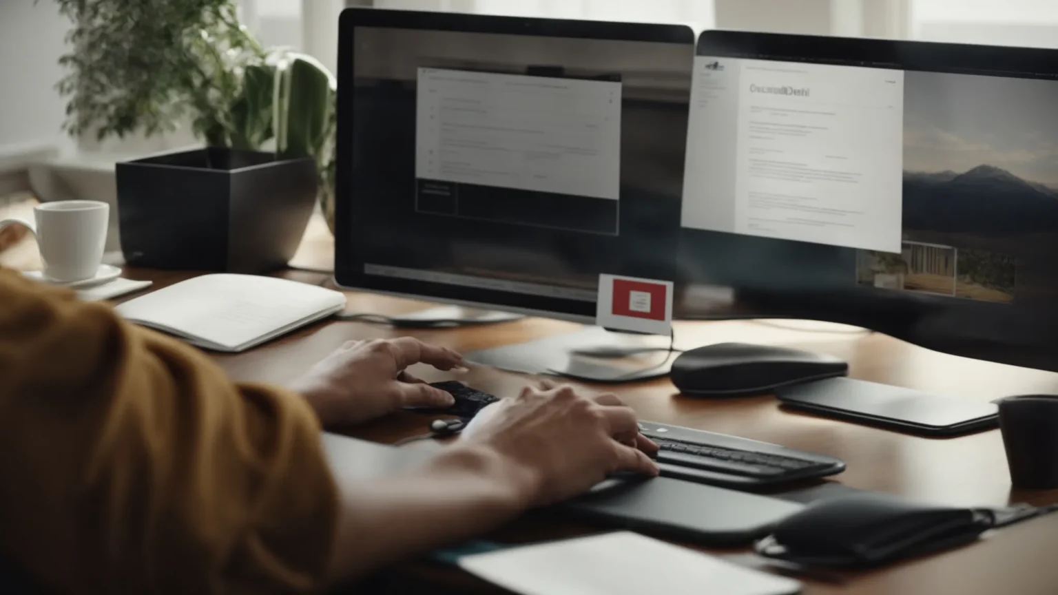 a person sits at a desk with a computer, browsing the official social security website.
