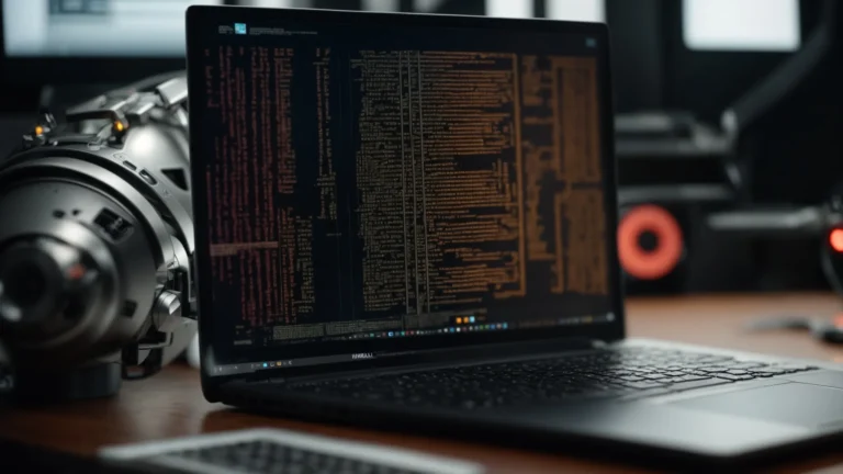 a laptop with complex code on the screen placed next to a robot head with its internal circuits partially visible.