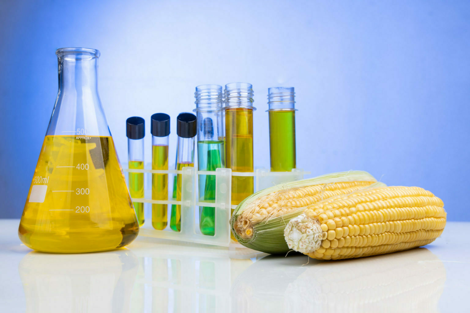 Ethanol biofuel derived from corn maze with beaker test tubes in laboratory