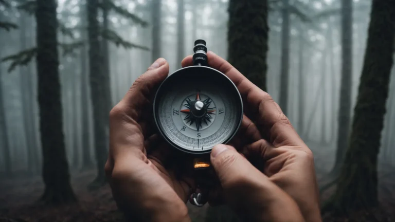 a person navigates through a dense foggy forest with a compass in hand.