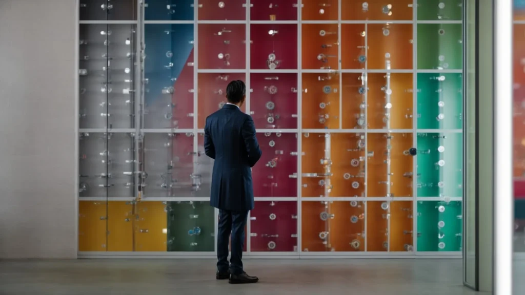 a person standing in a bright, modern office while looking thoughtfully at a row of different-sized colorful gears on the wall.