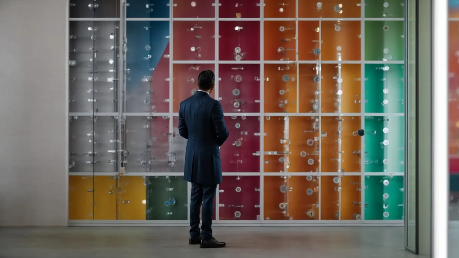 a person standing in a bright, modern office while looking thoughtfully at a row of different-sized colorful gears on the wall.
