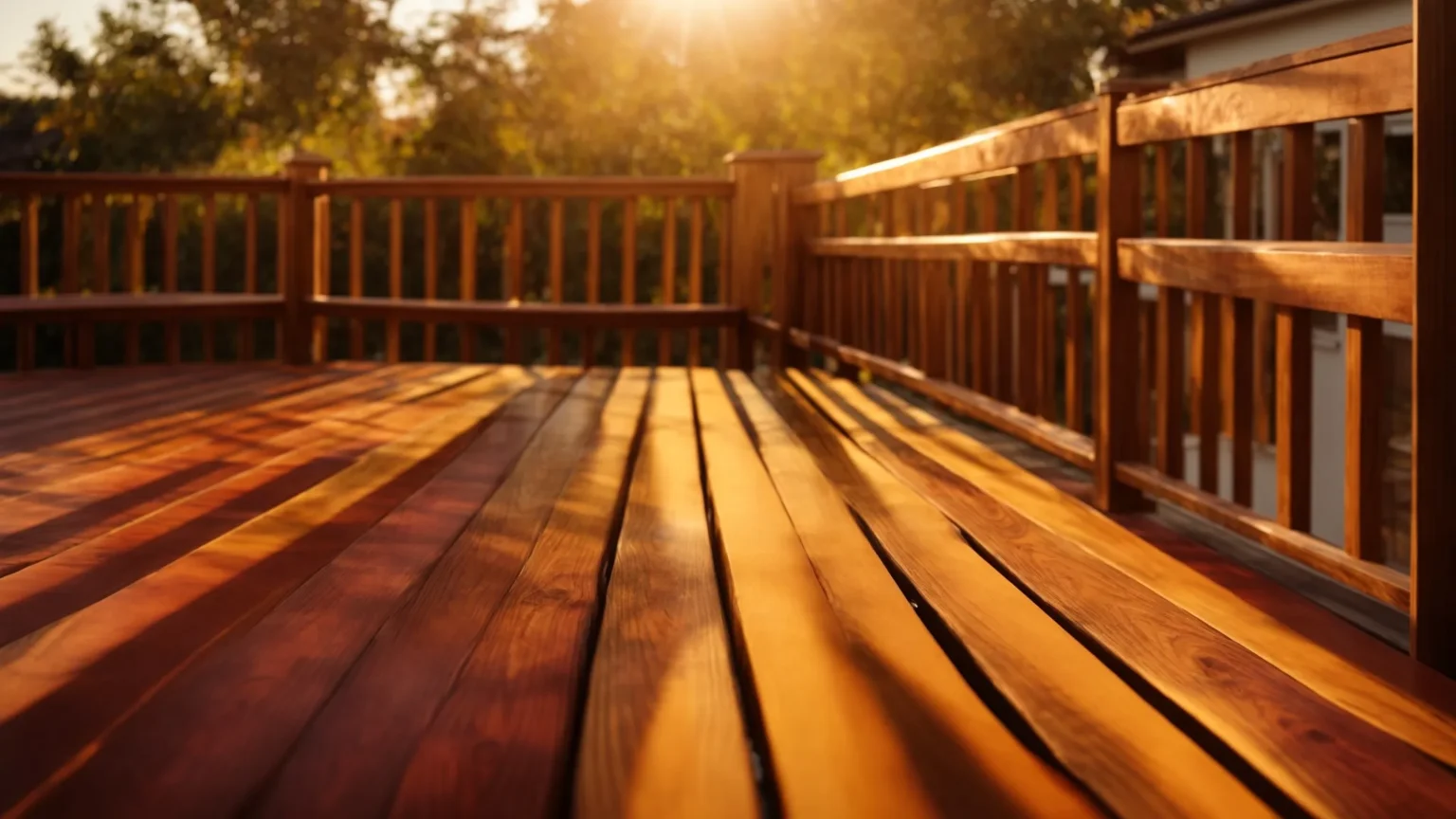 a vibrant wooden deck glows under the golden hour sunlight, showcasing its rich, enhanced color after being treated with a deep penetrating wood stain.