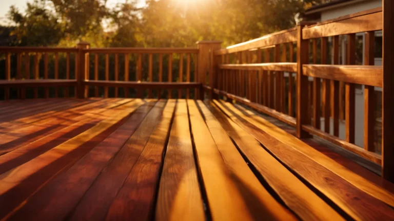 a vibrant wooden deck glows under the golden hour sunlight, showcasing its rich, enhanced color after being treated with a deep penetrating wood stain.