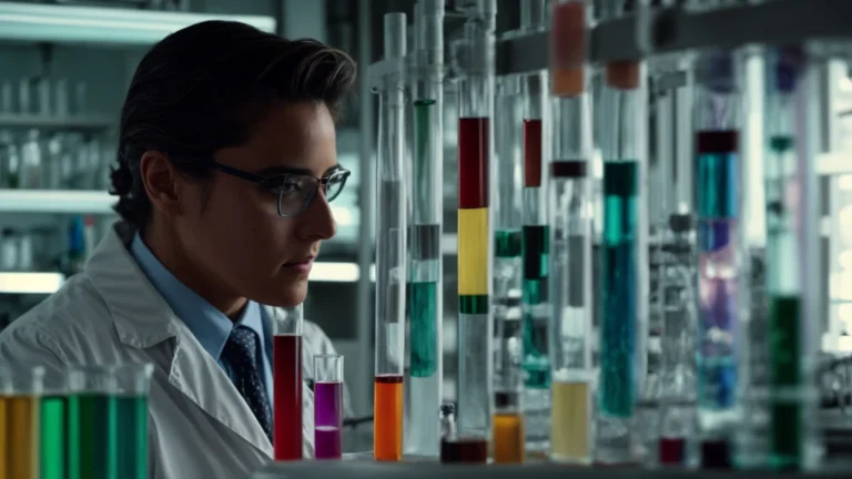 a scientist in a lab coat examining a row of test tubes filled with different colored solutions.