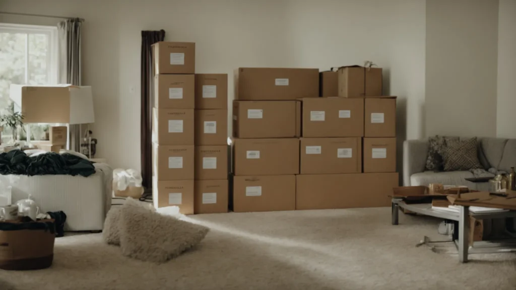a stack of labeled moving boxes in a living room, with a furniture dolly nearby.