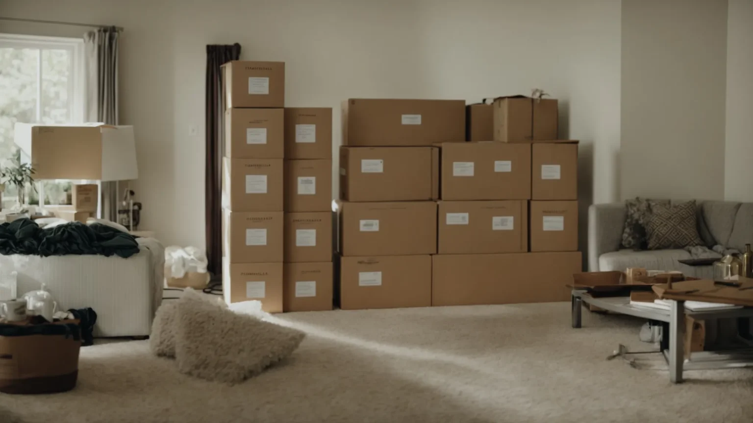 a stack of labeled moving boxes in a living room, with a furniture dolly nearby.
