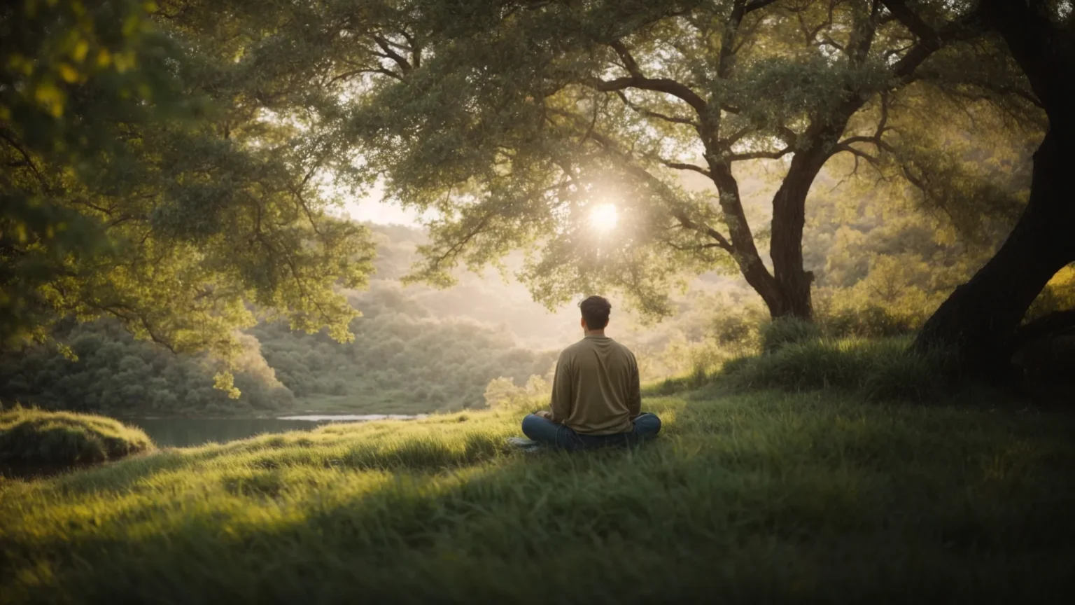 a person peacefully meditating in a serene outdoor setting, surrounded by nature.