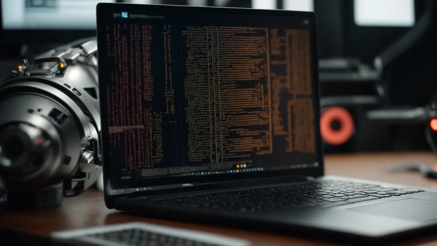 a laptop with complex code on the screen placed next to a robot head with its internal circuits partially visible.