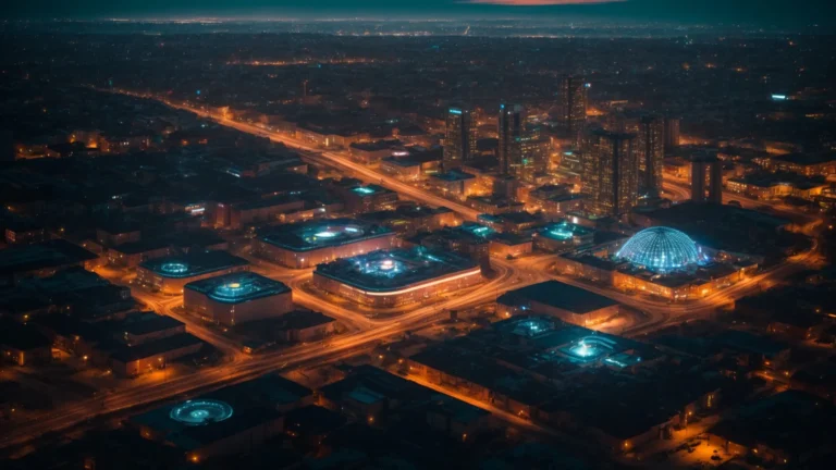 a network of interconnected smart devices, illuminating a sequence of futuristic city and industrial landscapes under a glowing sky.