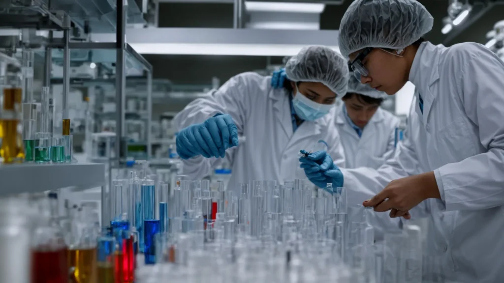 scientists in a laboratory inspect vials filled with peptides.