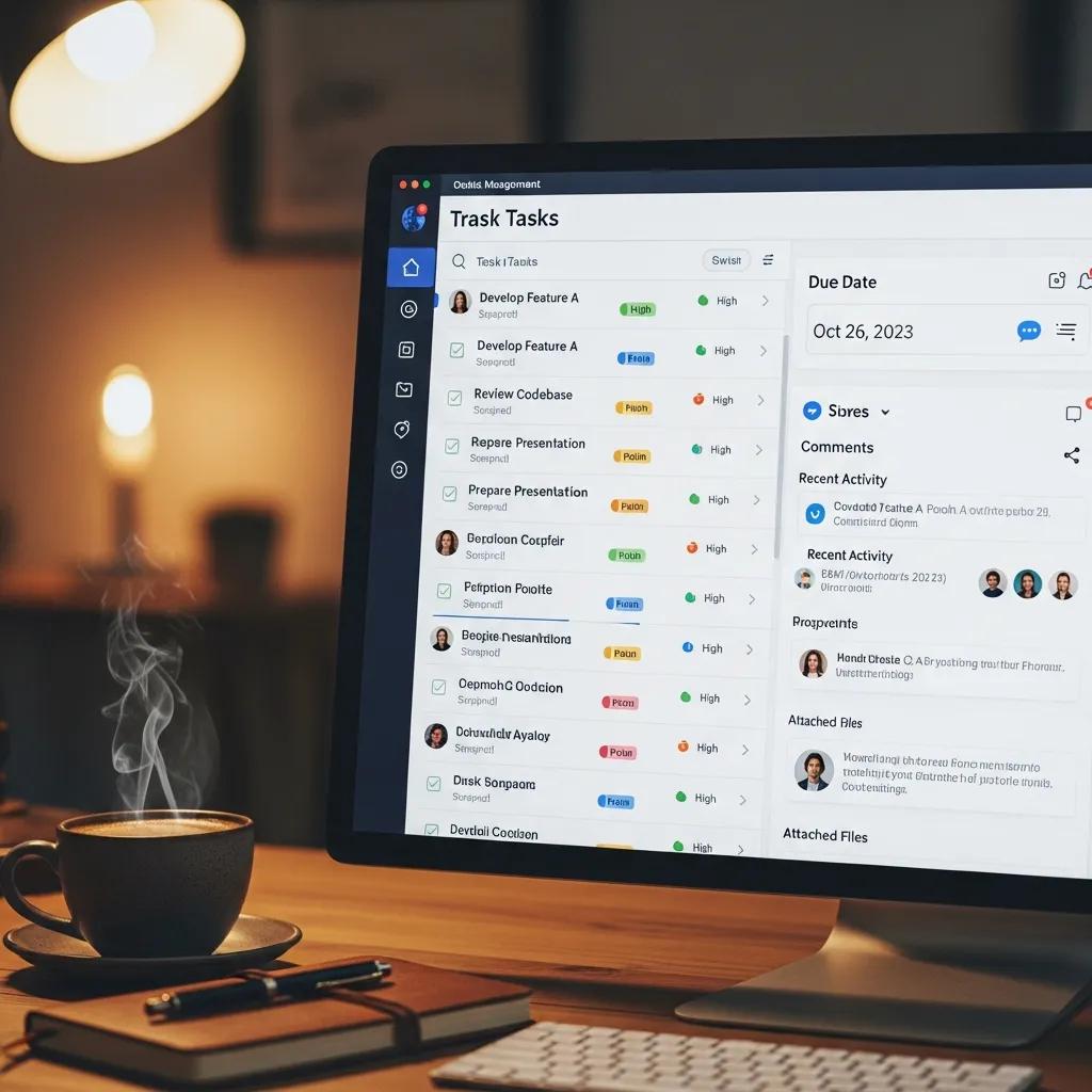 Close-up of project management software task tracking features in a cozy workspace