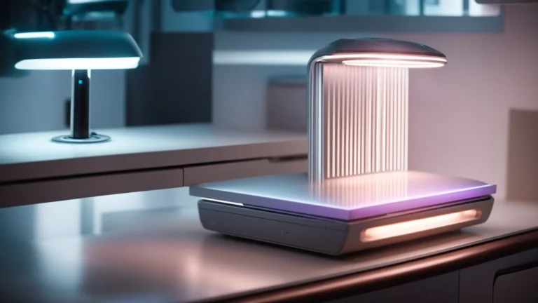 a glowing, futuristic device rests on a sleek, clinical table, surrounded by soft, ambient lighting to signify the innovative quantumrf technology for skin tightening.