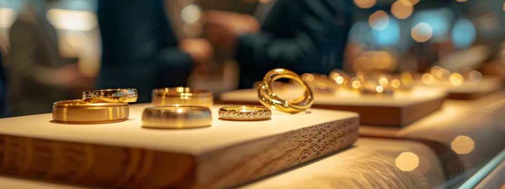 a group of business professionals observing a display of various 14k yellow gold wedding bands at a jewelry store.