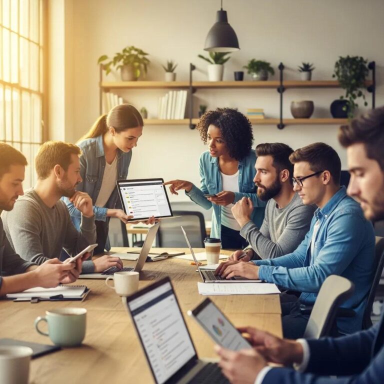 Diverse group of professionals using productivity apps in a modern workspace